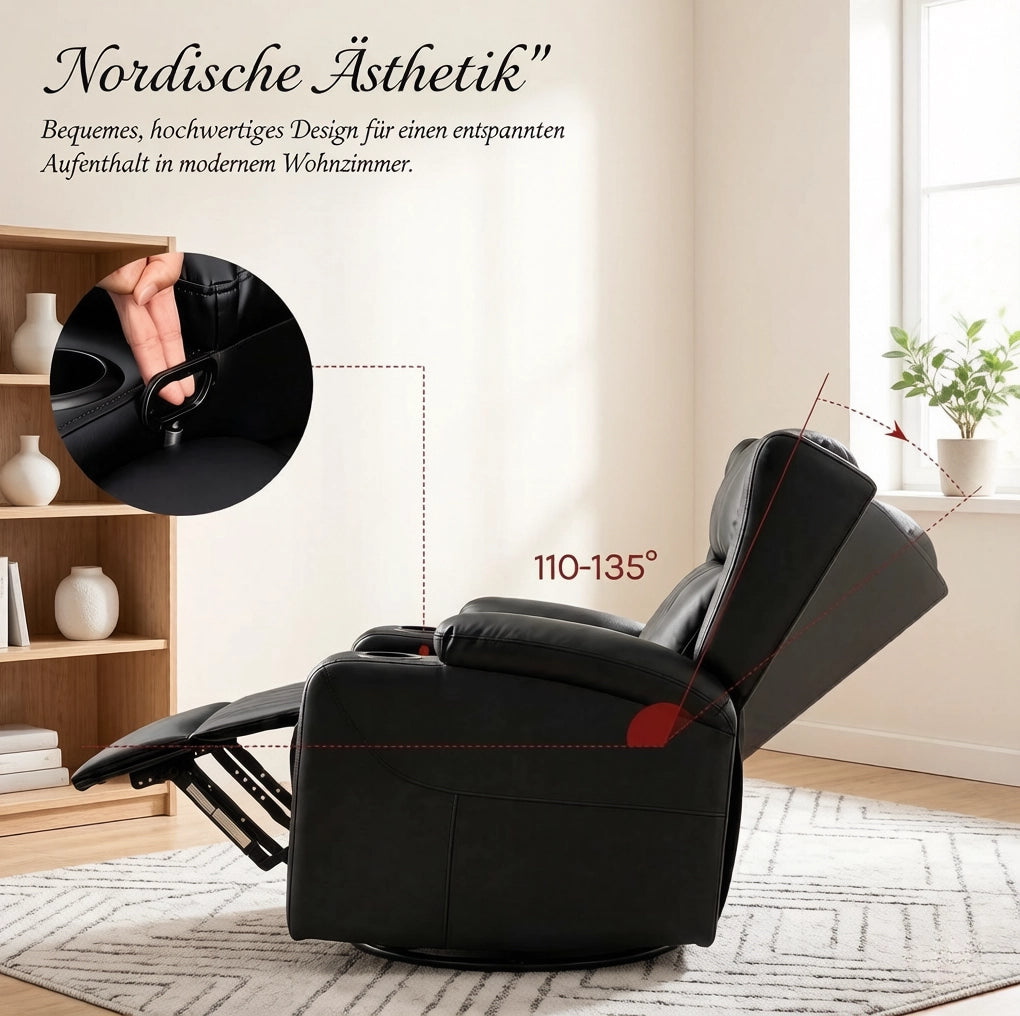 Poltrona relax girevole nera con schienale reclinabile e poggiapiedi
