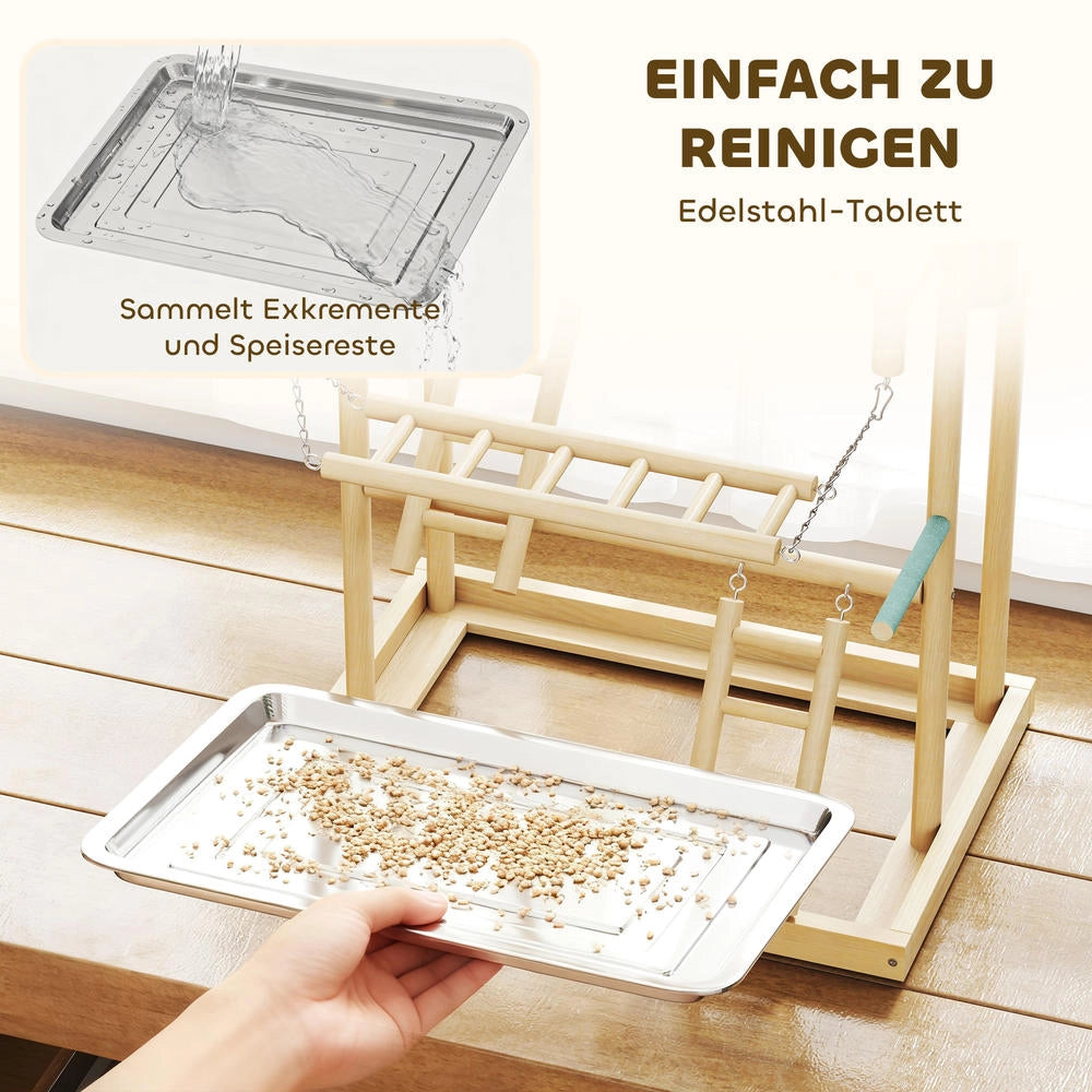 Set Posapiume per Uccelli, 4 Livelli, Legno Naturale e Acciaio Inox, con Scale, Altalene e Giocattoli, Robusto e Facile da Montare