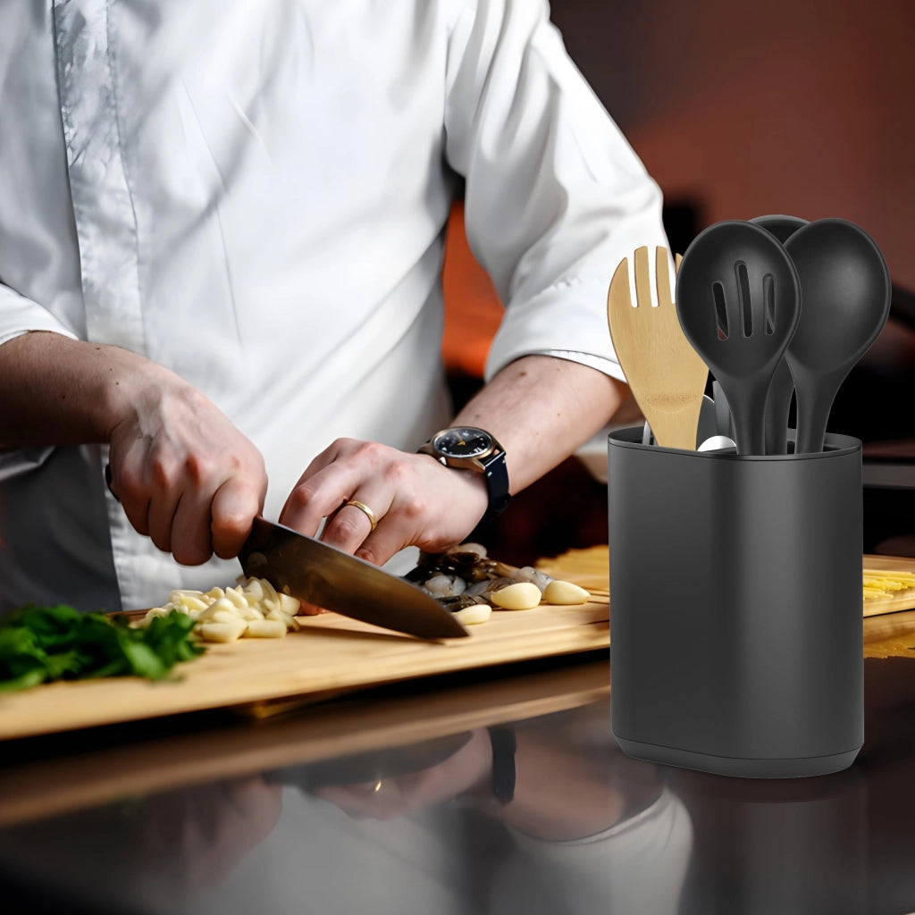 Portaoggetti da cucina con vano per utensili, dimensioni 14x9x19 cm, colore nero opaco