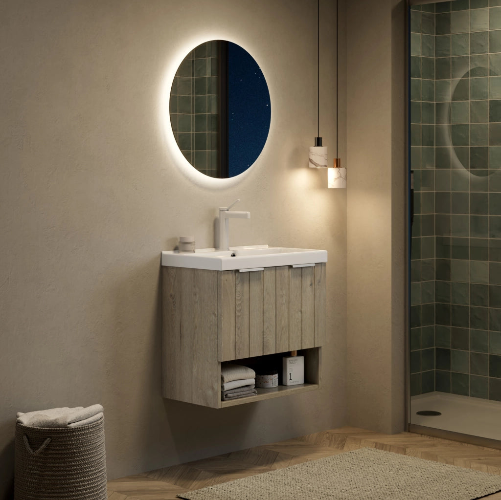 Mobile bagno sospeso con lavabo integrato in ceramica e doppia anta; bianco
