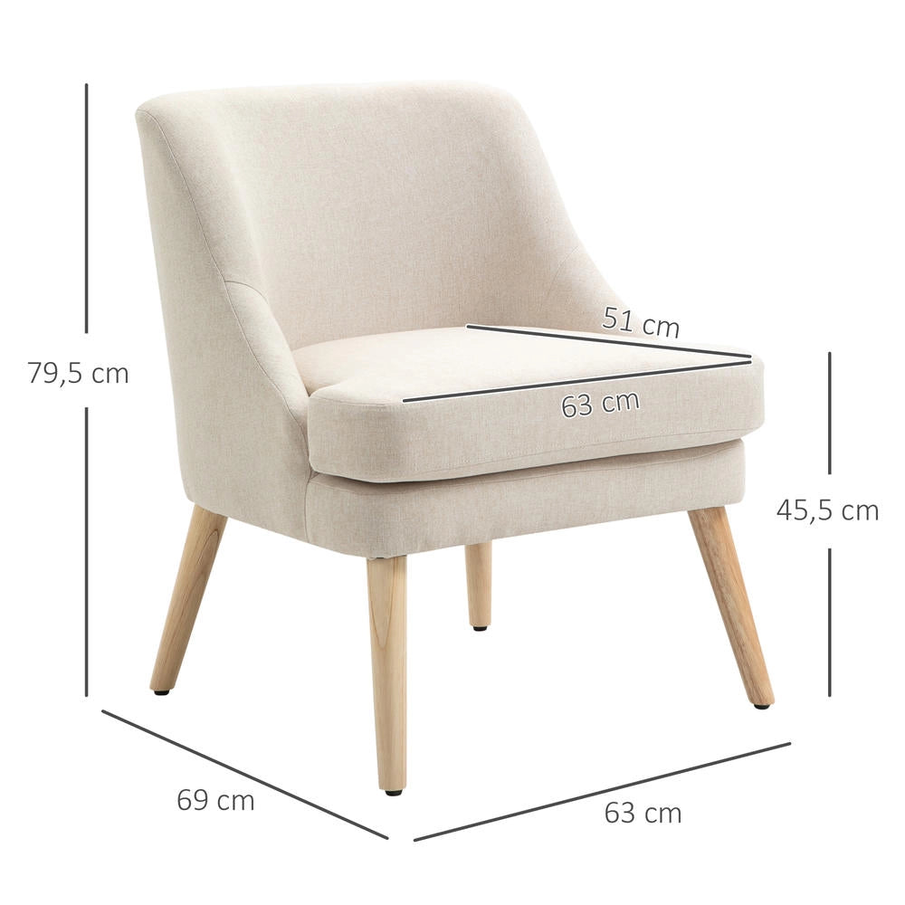 Poltrona Scandinava da Salotto in Tessuto Effetto Lino Beige con Gambe in Legno Massello Poltroncina Ergonomica per Camera da Letto e Soggiorno