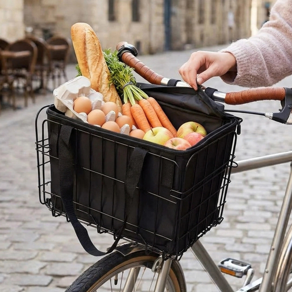 Cestino pieghevole nero per bicicletta con borsa impermeabile