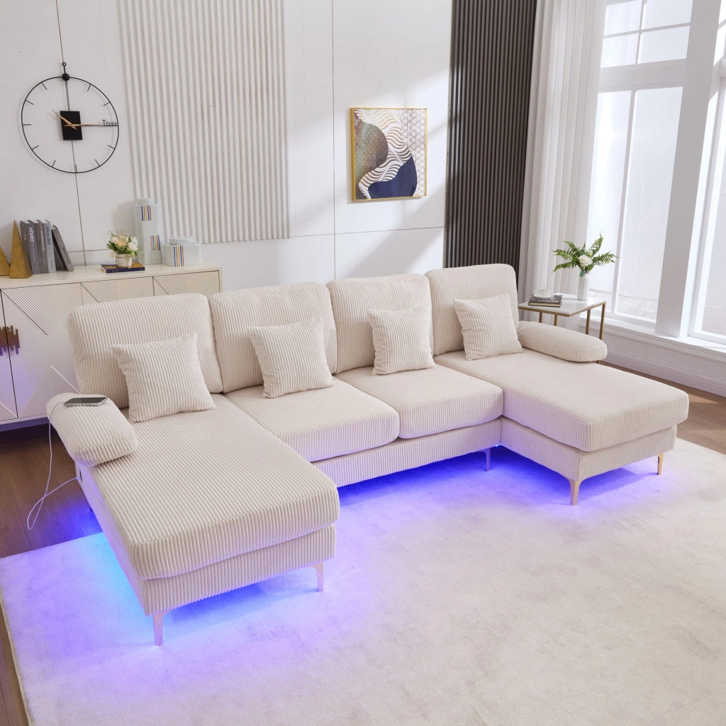Divano a U 265x135x88 cm in velluto beige con LED e porta USB-C, 4 cuscini