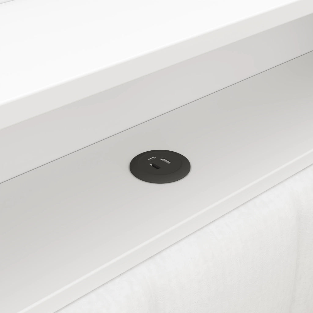 Letto singolo imbottito estraibile con scrivania USB e illuminazione LED in MDF compensato e lino bianco