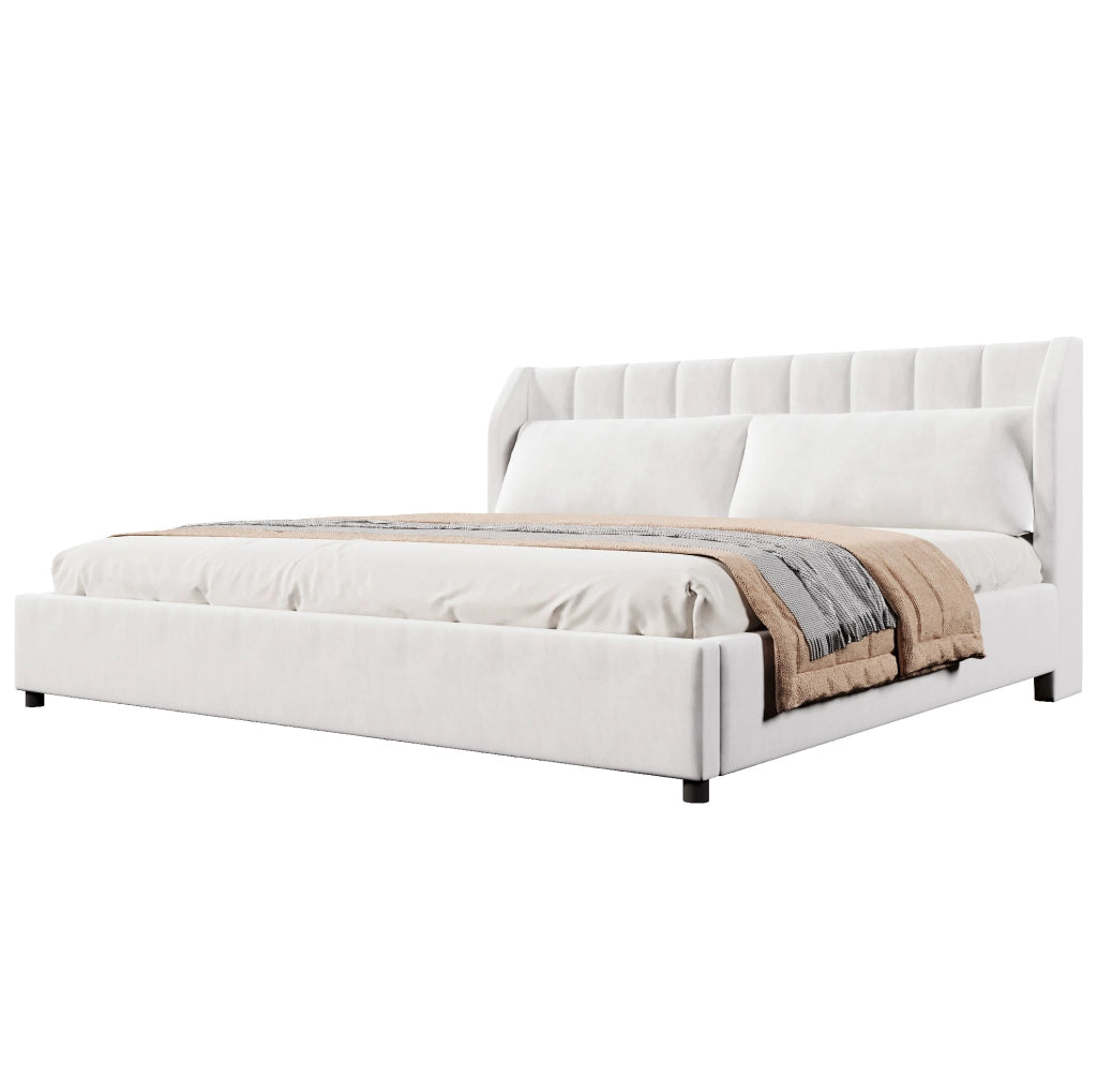 Letto imbottito beige 180 x 200 cm con rete a doghe e due cuscini