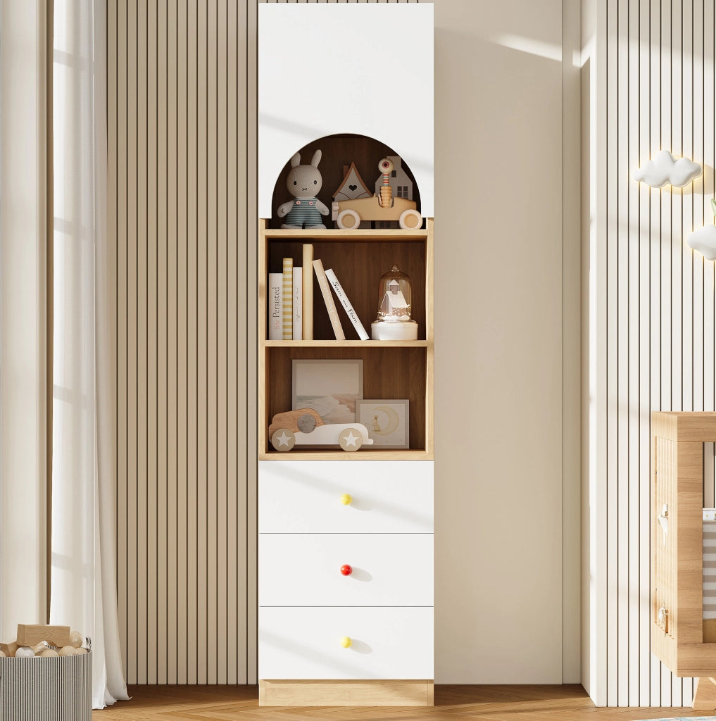 Libreria con anta e tre cassetti, bianca ed effetto legno, 50 × 50 × 200 cm
