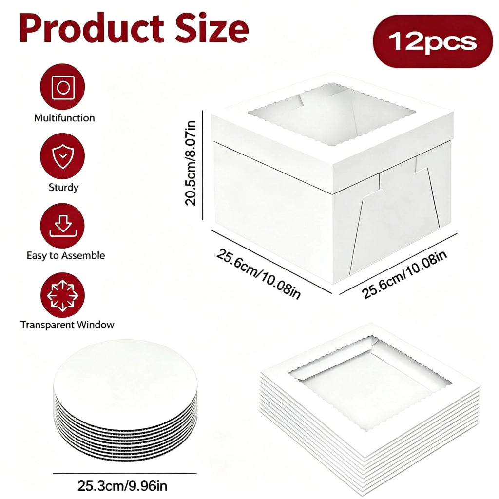 12 scatole per dolci con finestra trasparente, 25,6 x 25,6 x 20,5 cm, colore bianco