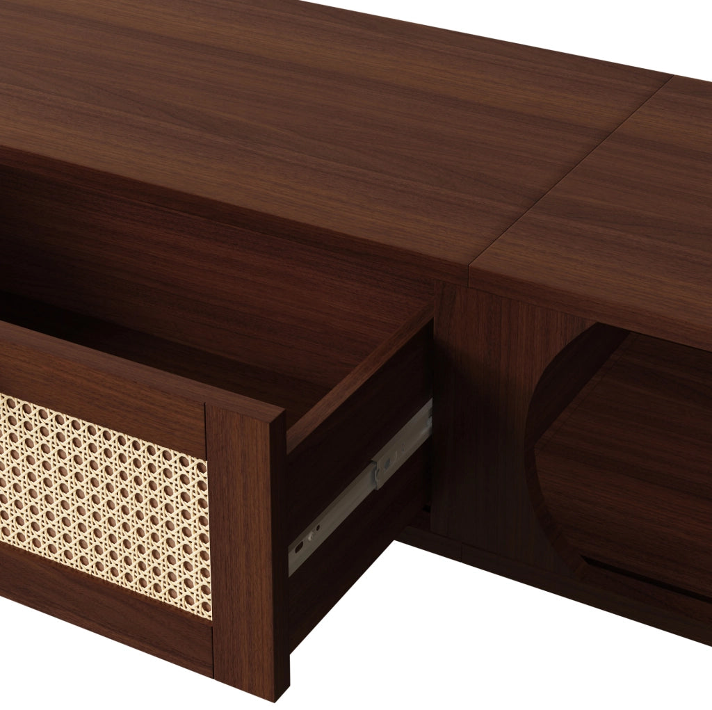 Mobile TV in legno massello con ante e cassetti in rattan, 170x39,5x38 cm, finitura naturale