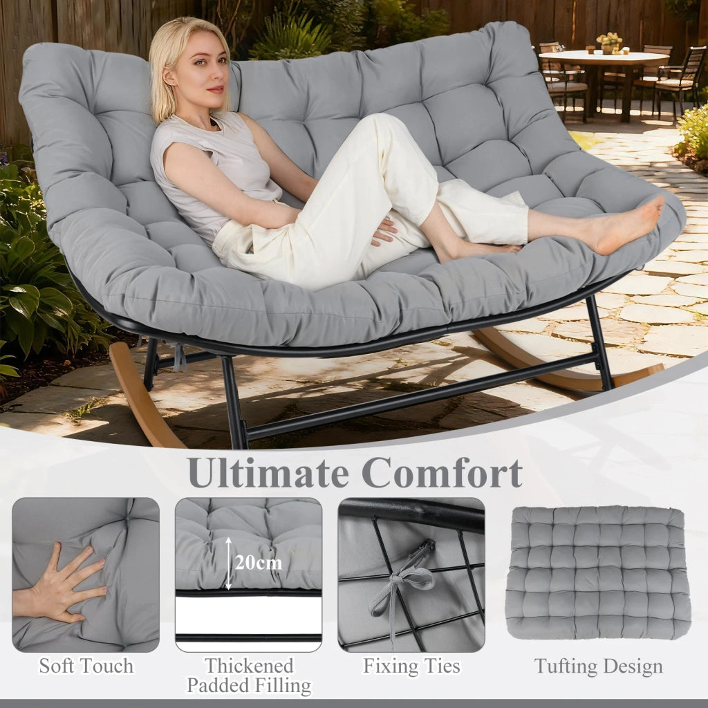 Sedia a dondolo papasan doppia 2 posti in metallo grigio con cuscino spesso 20 cm, poltrona relax per giardino e casa