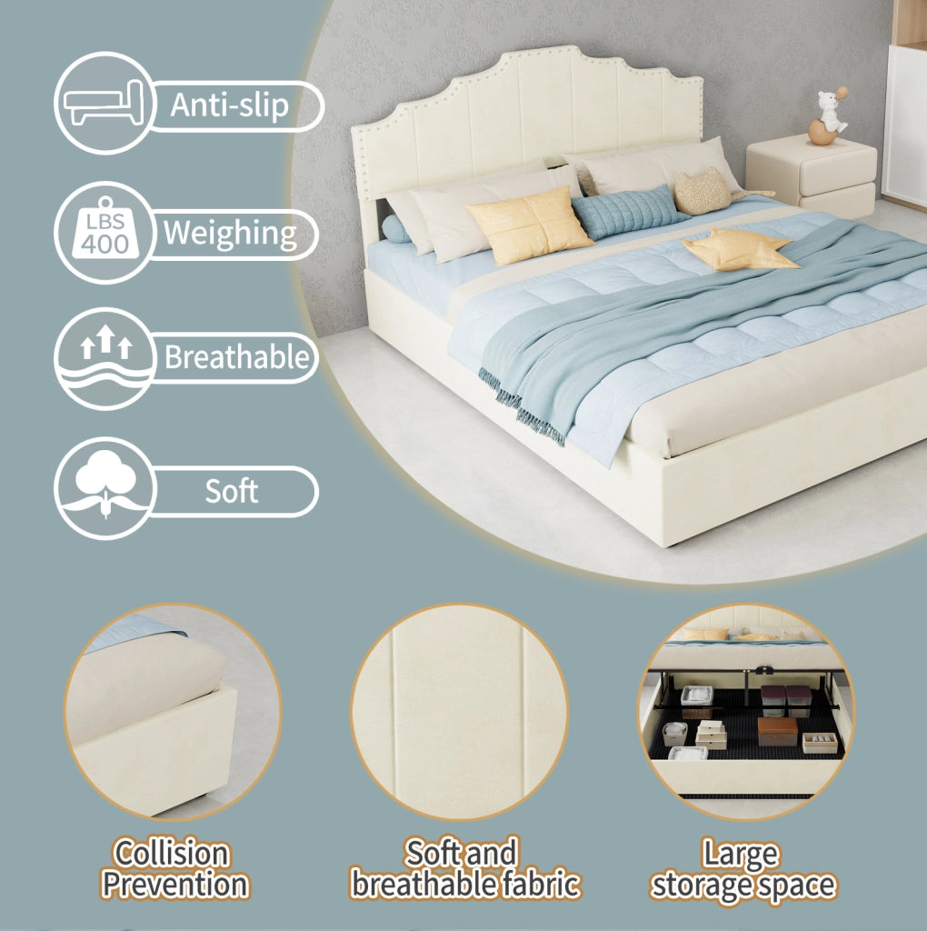 Letto matrimoniale 160x200 cm con testiera geometrica in tessuto e metallo beige