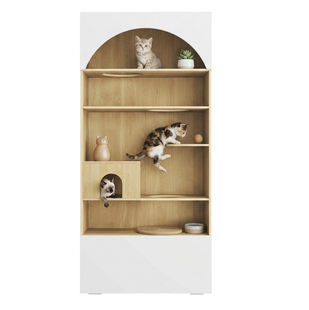 Mobile per gatti con piattaforme, tana e vani contenitori, 90 x 50 x 200 cm