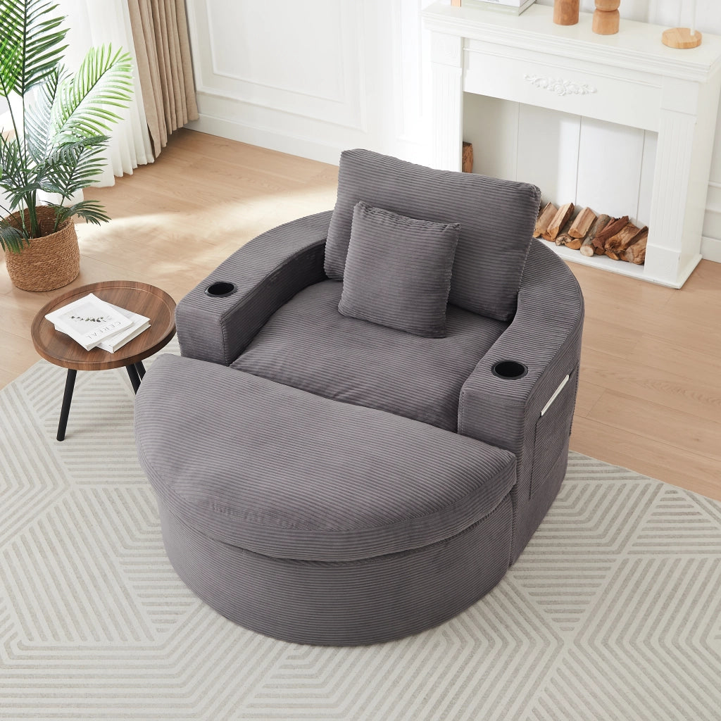 Poltrona rotonda grande con poggiapiedi; 156 × 136 × 88 cm; rivestimento in velluto a coste grigio per soggiorno
