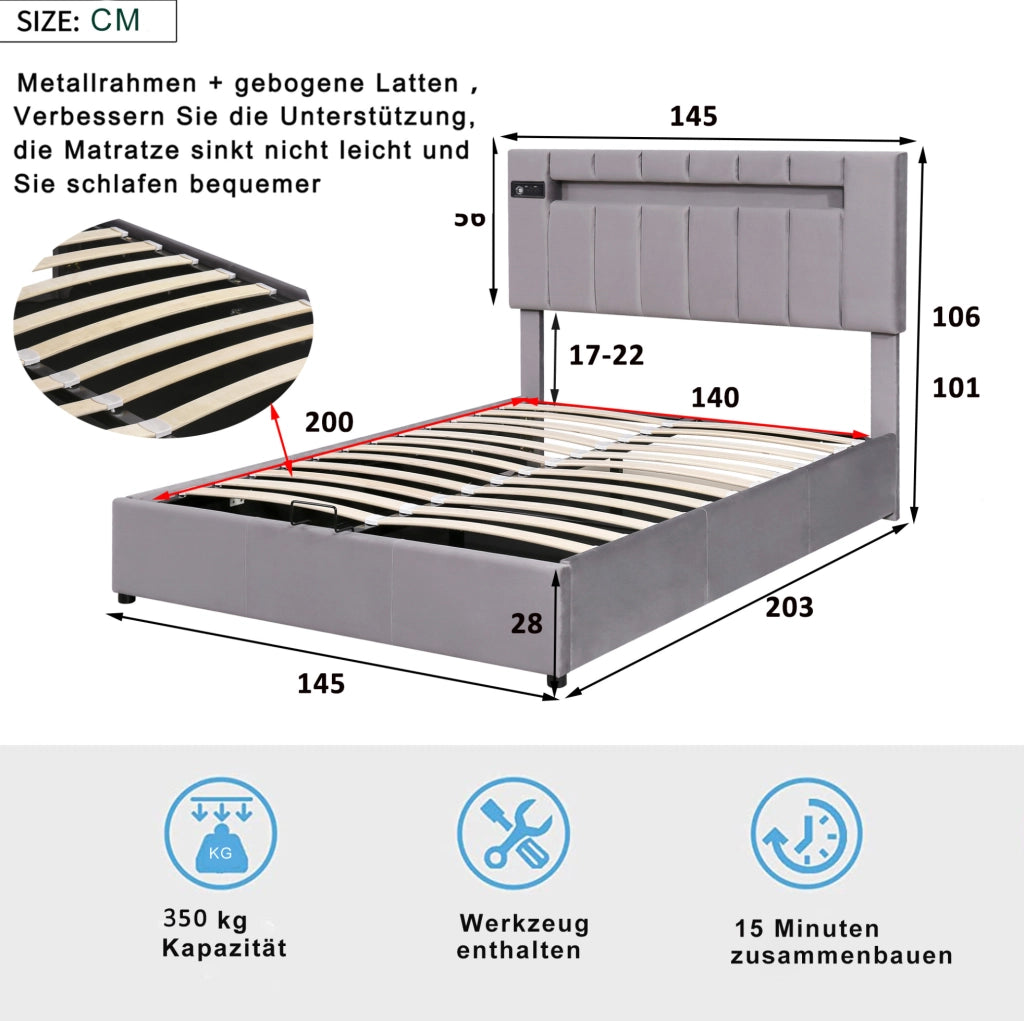 Letto imbottito con contenitore idraulico; LED; Bluetooth e 2 porte USB; 203 × 145 × 101 (106) cm; grigio