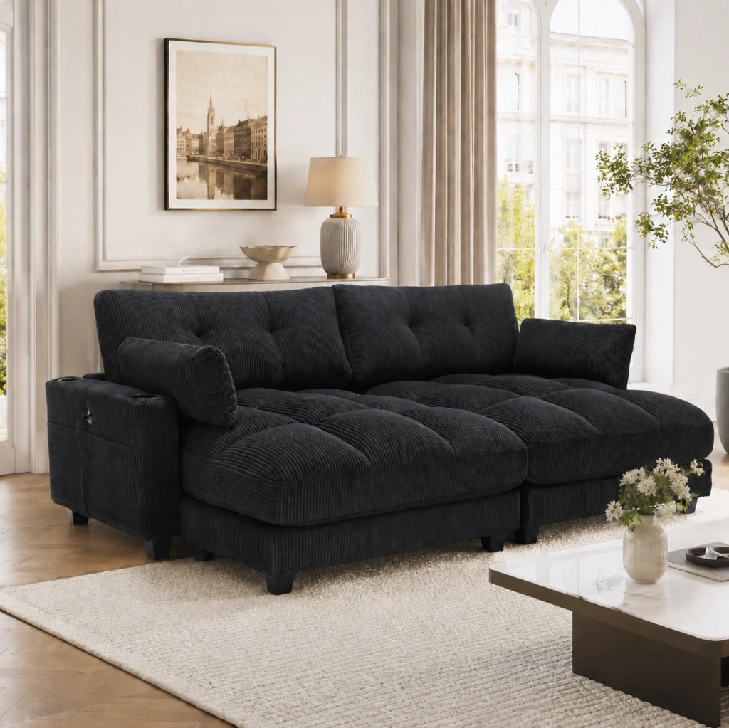 Divano 2 posti 224x140x81 cm in corduroy nero, modulare con USB e portabicchieri