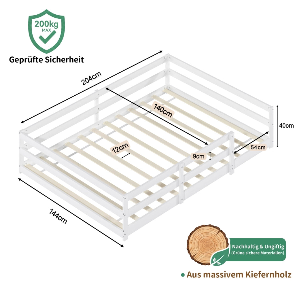 Letto Montessori a pavimento in legno massello di pino 140x200 cm bianco con sponde su 4 lati