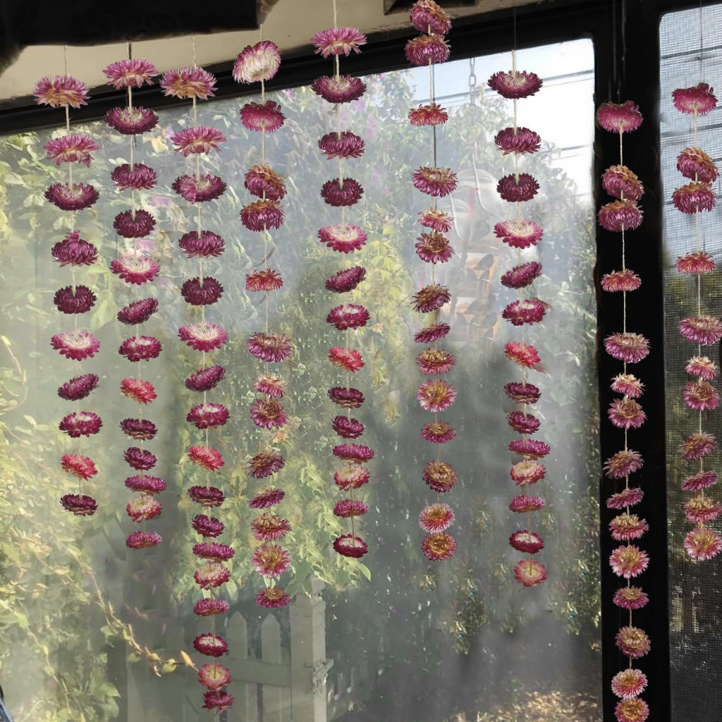 Catena di fiori di crisantemo essiccati, 63 pezzi, color viola, lunghezza 320 cm