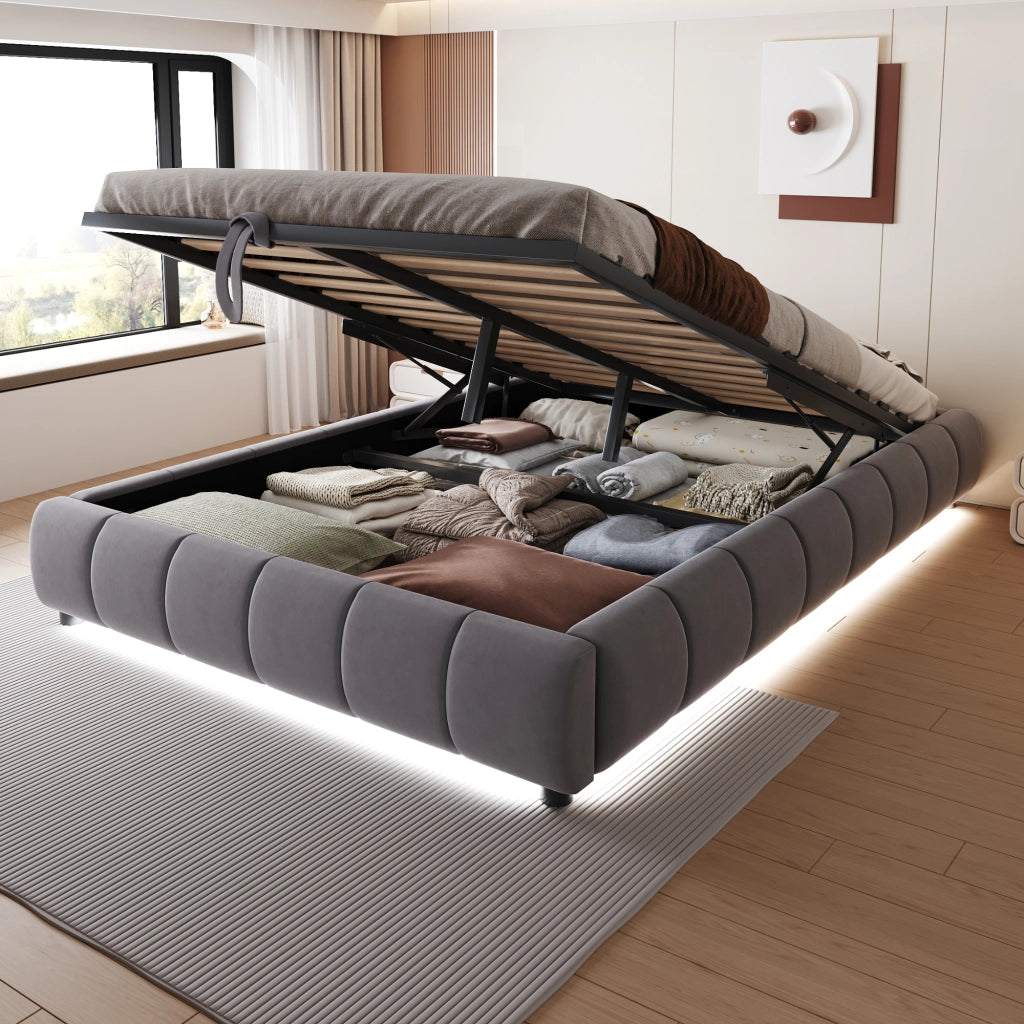 Letto imbottito 140x200 cm con vano contenitore idraulico e LED bianco; velluto grigio; senza testiera