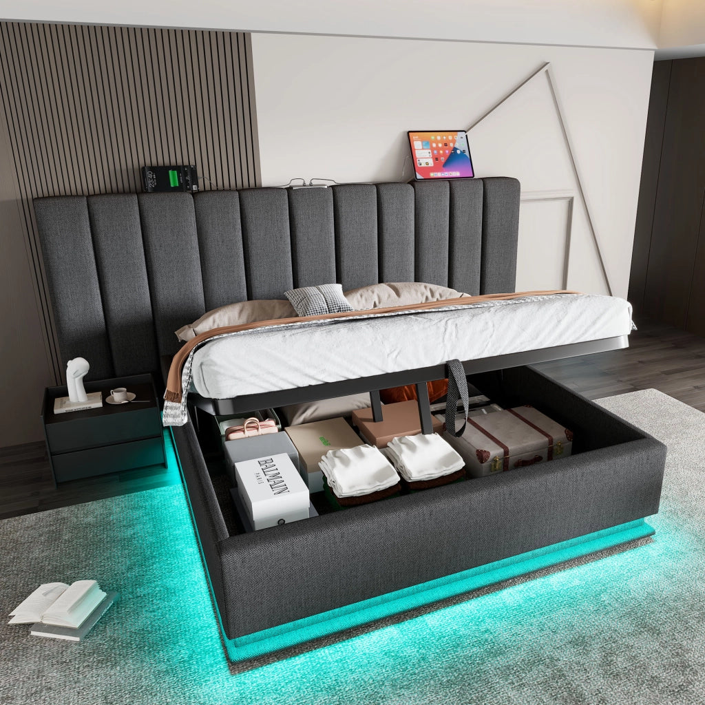 Letto matrimoniale contenitore 160 × 200 cm con LED app ricarica USB USB C 20 W lino grigio rete a doghe