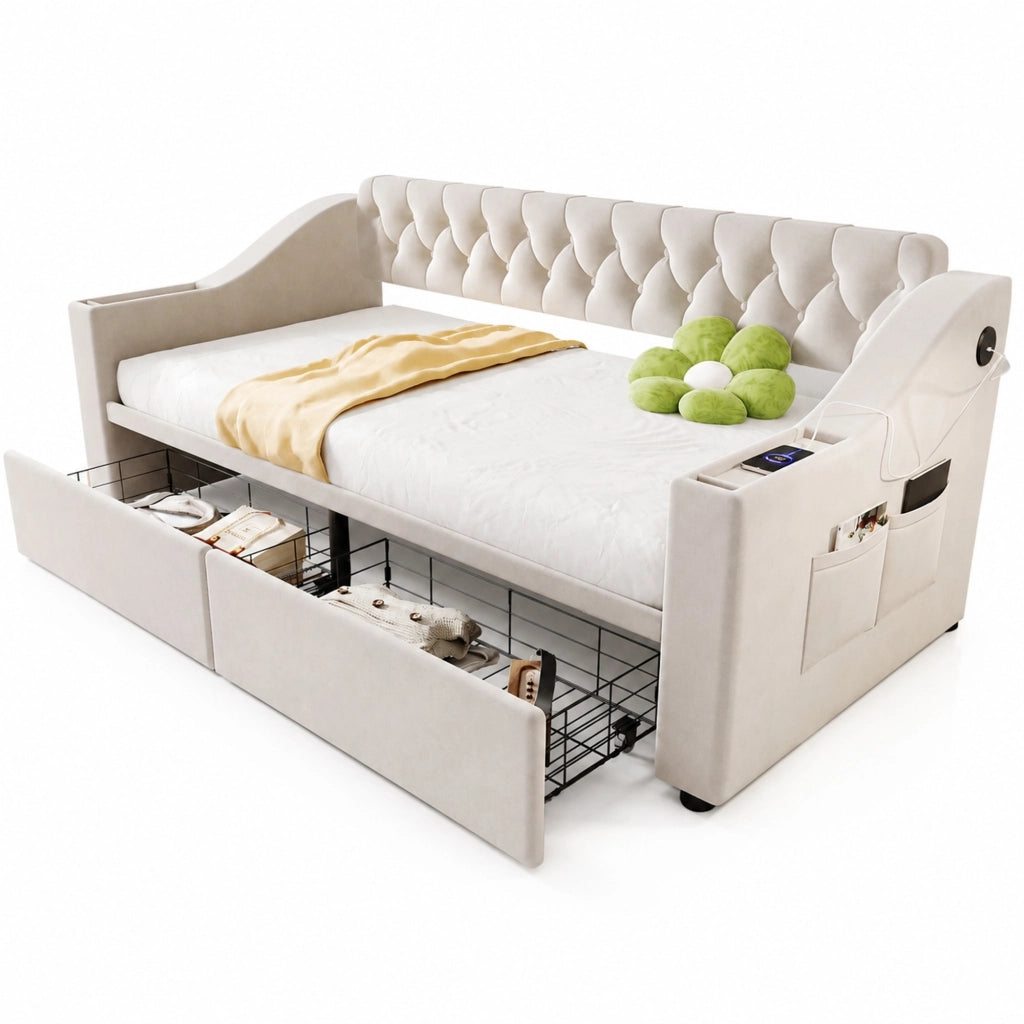 Divano letto 214,5x96x78,5 cm con contenitore, cassetti e USB in velluto beige per piccoli spazi, moderno