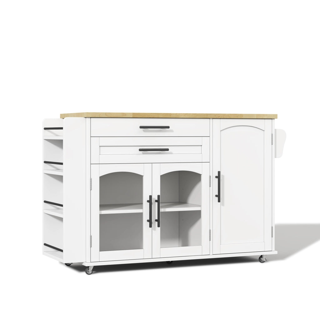 Isola cucina mobile con piano ribaltabile e 5 ruote in MDF naturale e bianco