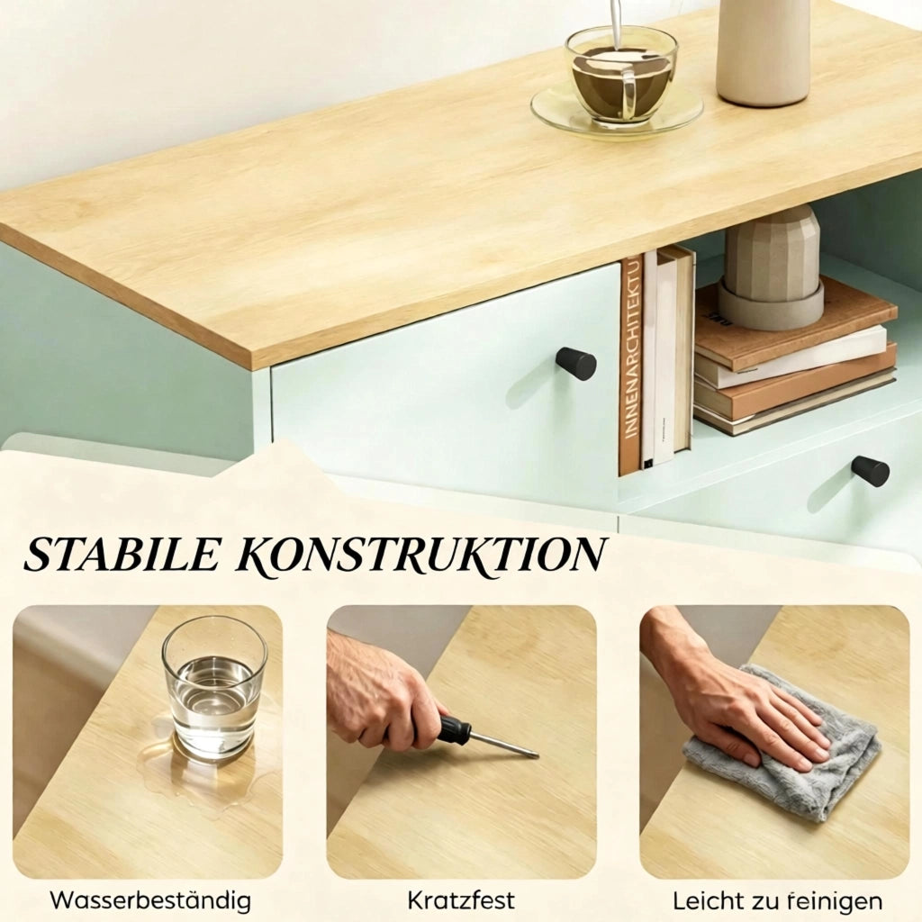 Credenza 80 × 35 × 76,3 cm con un'anta due cassetti vano aperto ripiano regolabile in MDF verde chiaro e rovere