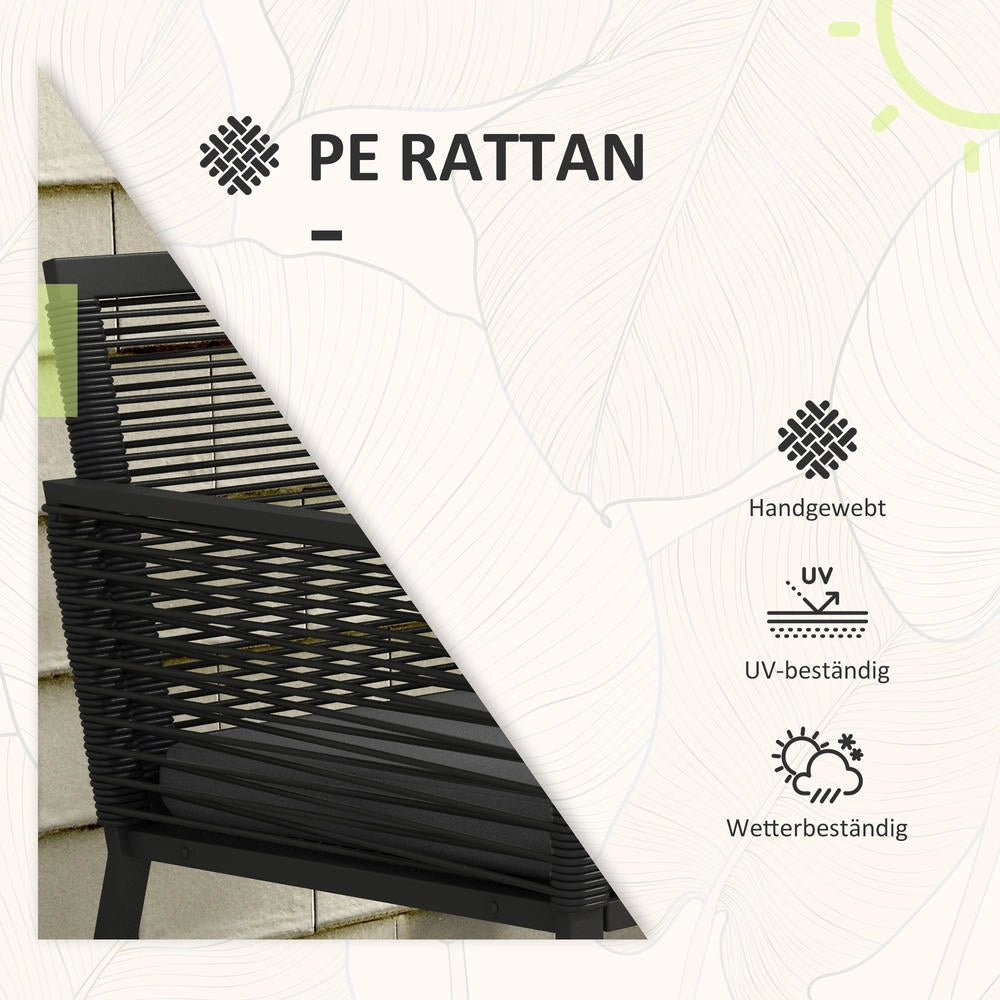 Set Bistro da Giardino 3 Pezzi in Rattan con Tavolino in Vetro e Cuscini, per Balcone e Terrazzo Resistente, 53 cm x 57 cm x 77 cm, Nero e Grigio