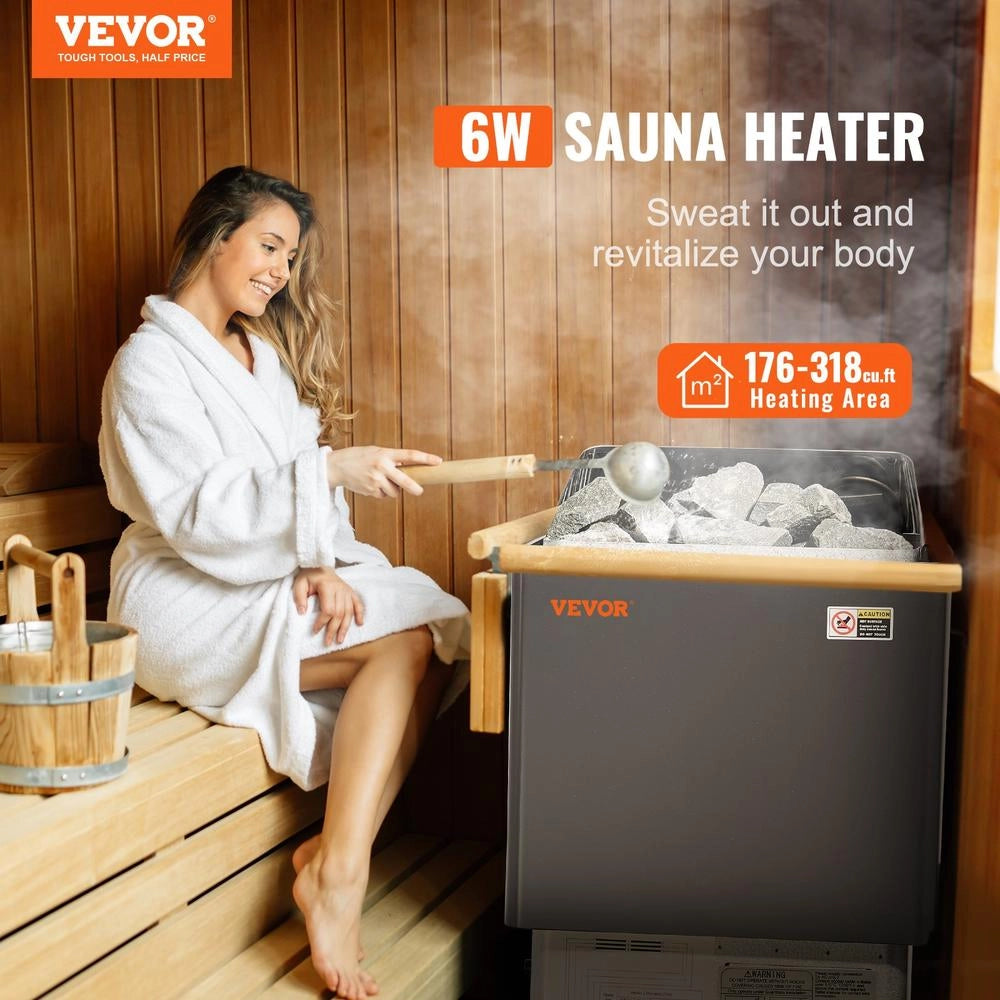 Stufa Elettrica per Sauna SCA-60BW 6 kW in Zinco Alluminato con Controller Digitale e Timer 3 Ore per Spazi 5-9 m³ 400V