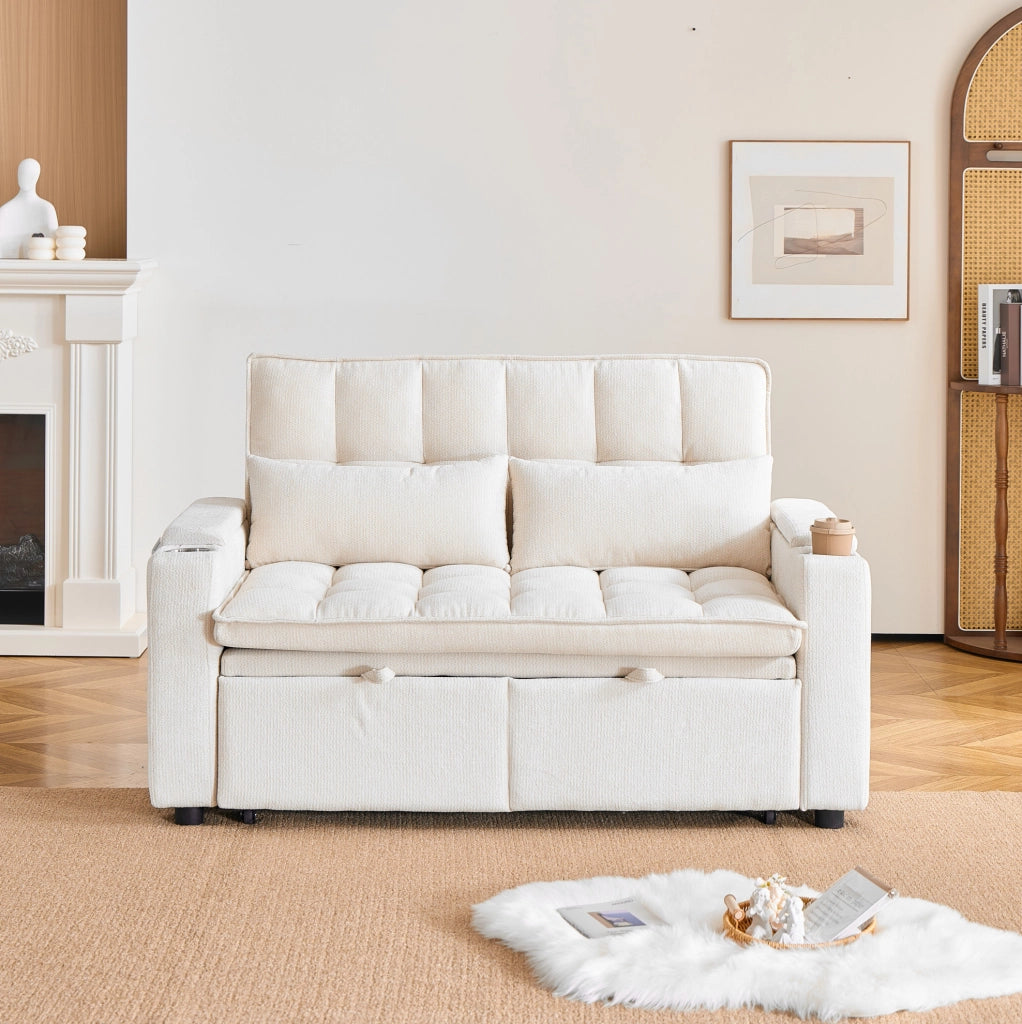 Divano letto 3 in 1 beige da 142 cm con contenitori e portabicchieri