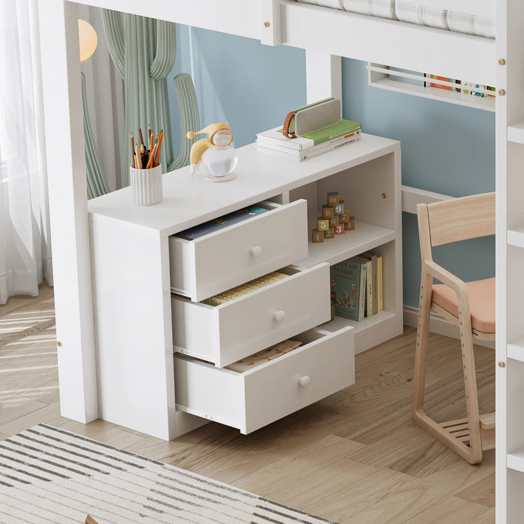 Letto a soppalco per bambini 90 × 200 cm con scrivania cassetti scaffale rete a doghe in legno bianco