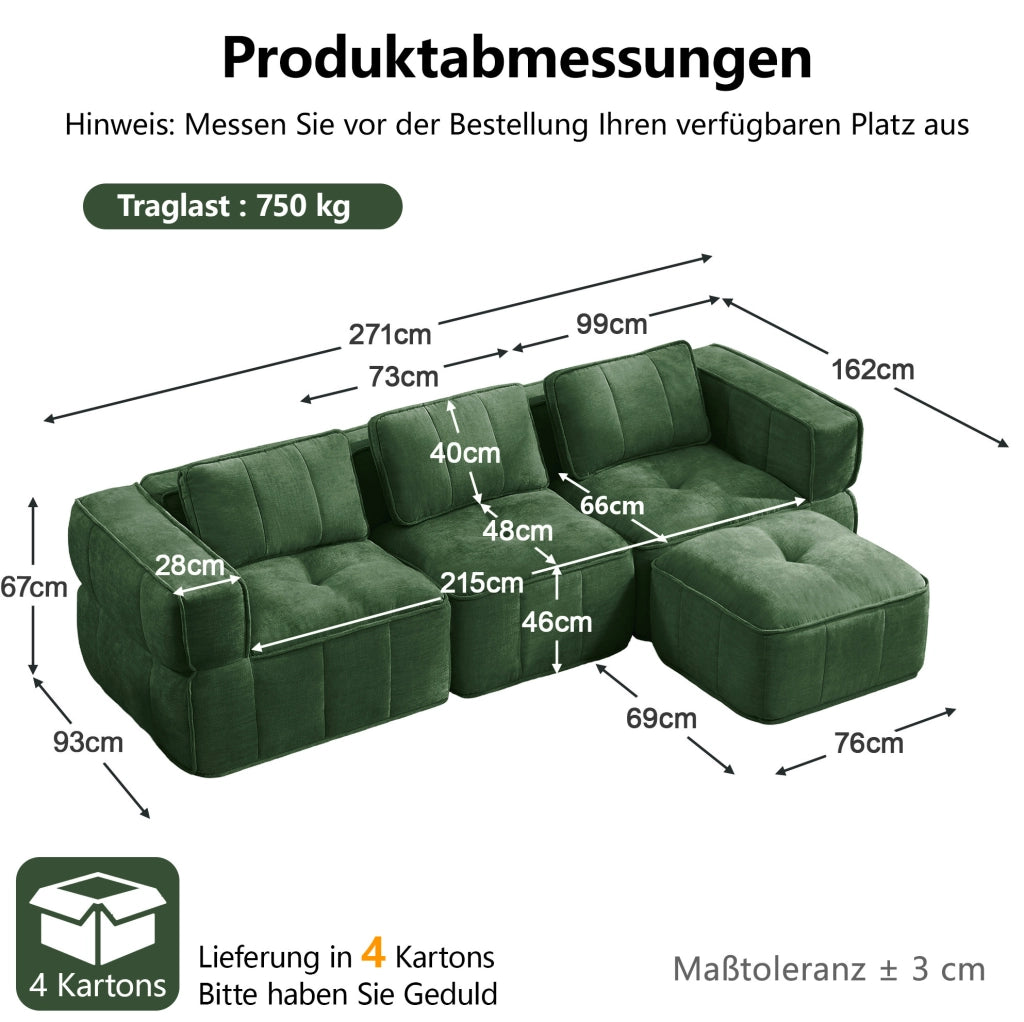Divano modulare verde in poliestere con pouf, 271 × 162 × 67 cm