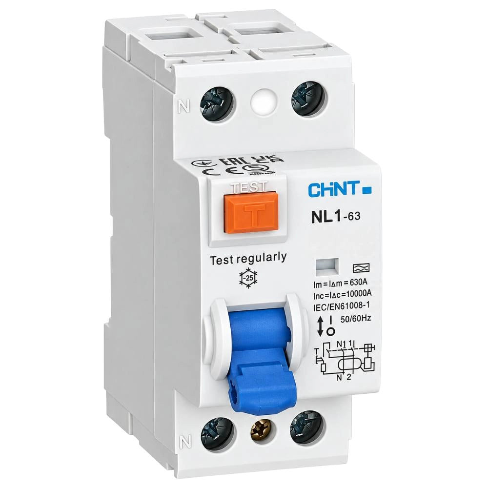 Chint 200505 nl1-63/25-2p-a10 interruttore differenziale puro 2p 25 a 10 ma 6 ka tipo a iec/en 61008-1 2 poli 50/60hz...