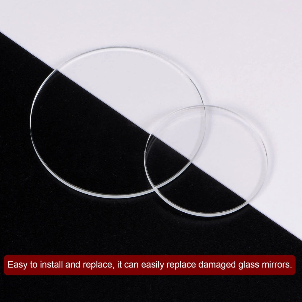 Due lenti in vetro trasparente, diametro 24 mm, spessore 2 mm, forma circolare, superficie piatta