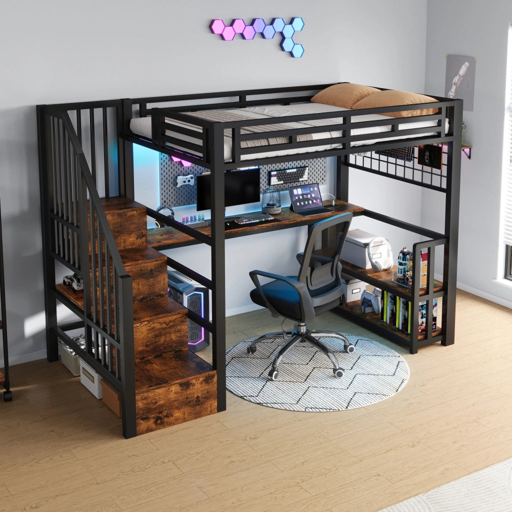 Letto a Castello 90x200 cm con Struttura in Ferro, Mensola, Rete Appendibile, Striscia LED, Scrivania, Scale con Spazio di Stoccaggio, 2 Porte USB e 1 Porta Tipo-C, Nero, Senza Materasso