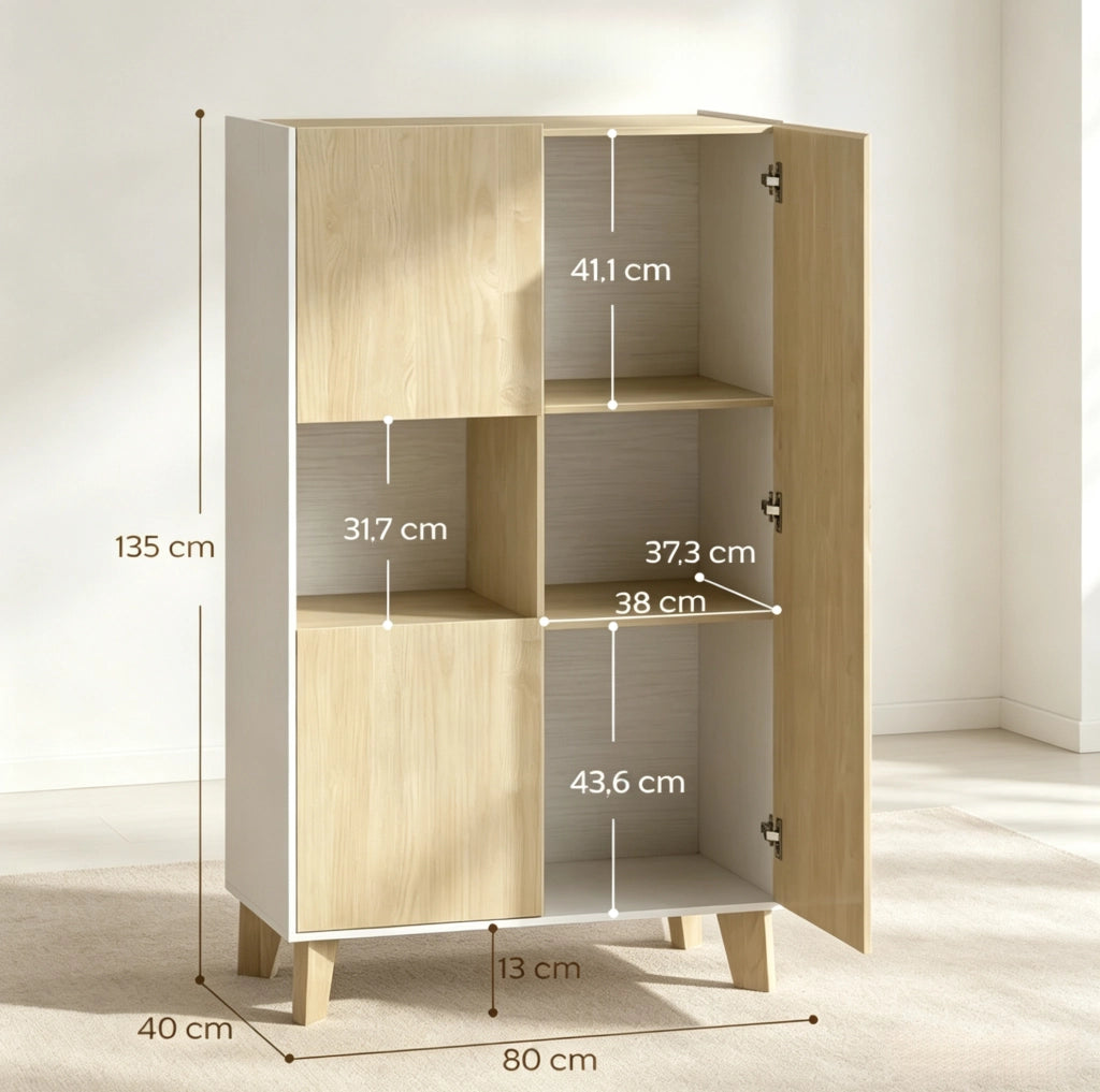 Credenza bianca e rovere chiaro con cinque vani, 80 x 40 x 135 cm