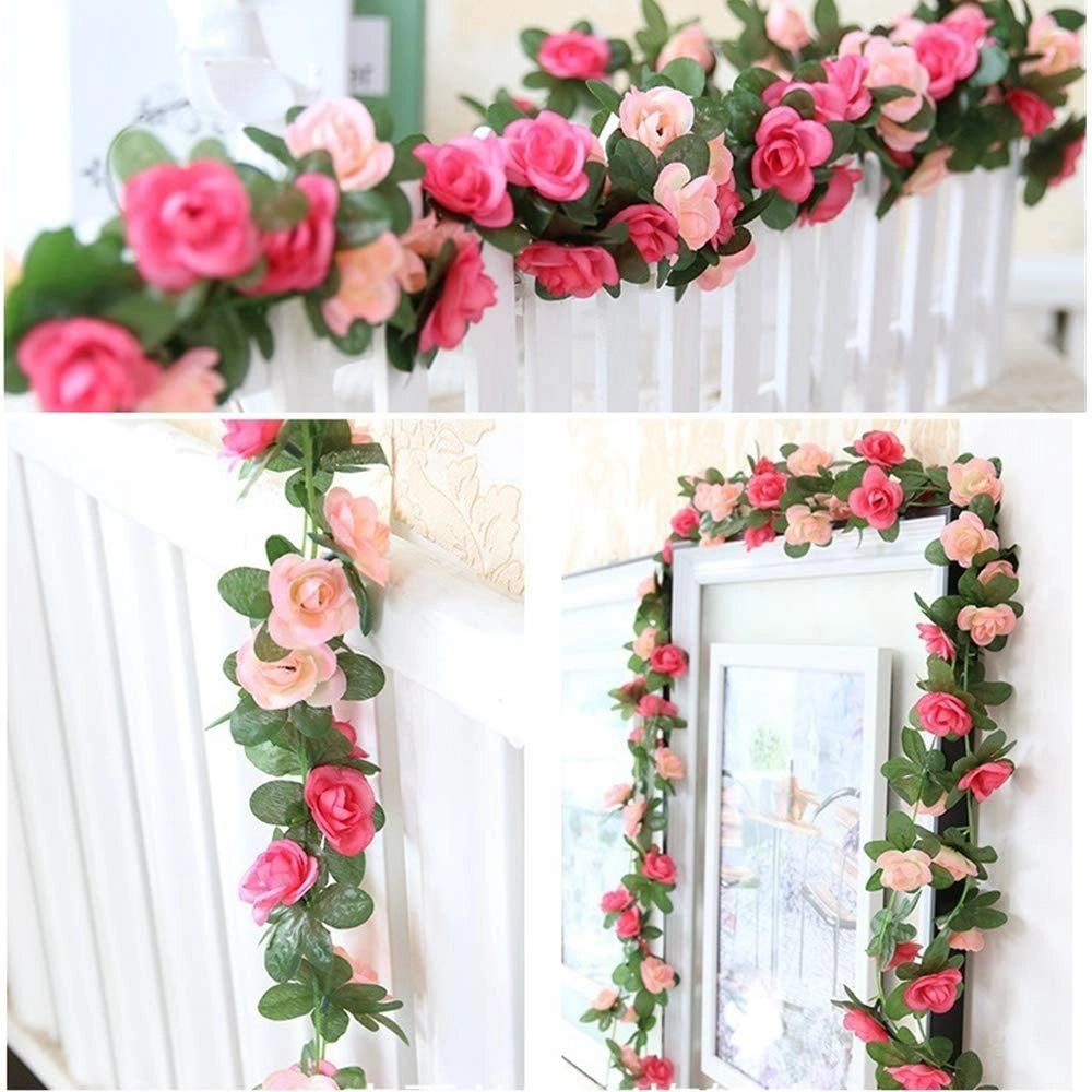 Ghirlanda di rose artificiali, 2 pezzi, lunghezza 200 cm, colore champagne, realizzata in tessuto simile alla seta