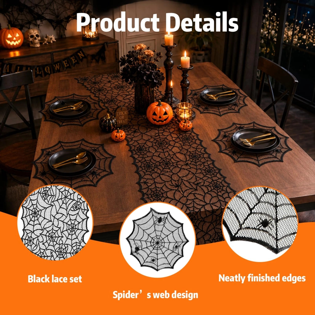 Set per la decorazione della tavola a tema Halloween: tovaglia, tovagliette e adesivi a forma di pipistrelli