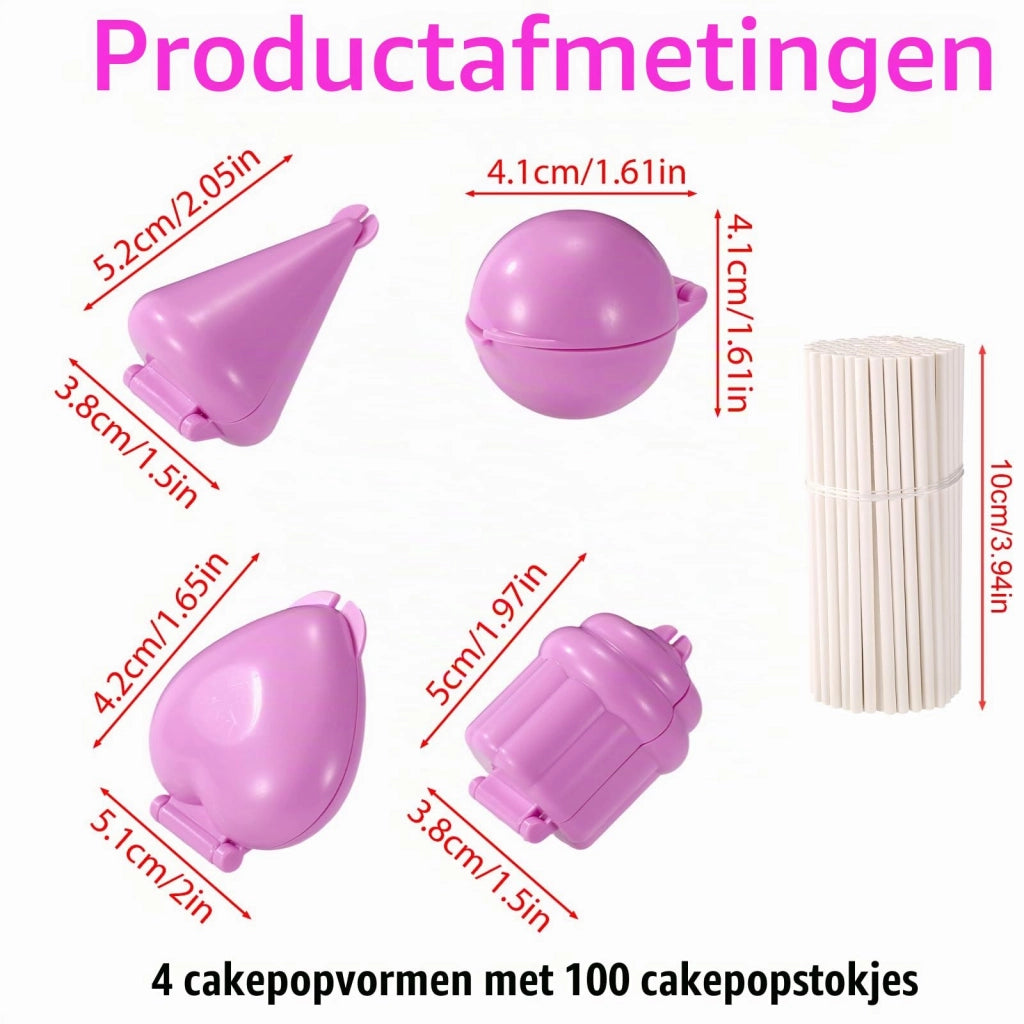Formine per cake pop, set da 4 pezzi + 100 stecchini, colore lilla, con 4 diversi motivi