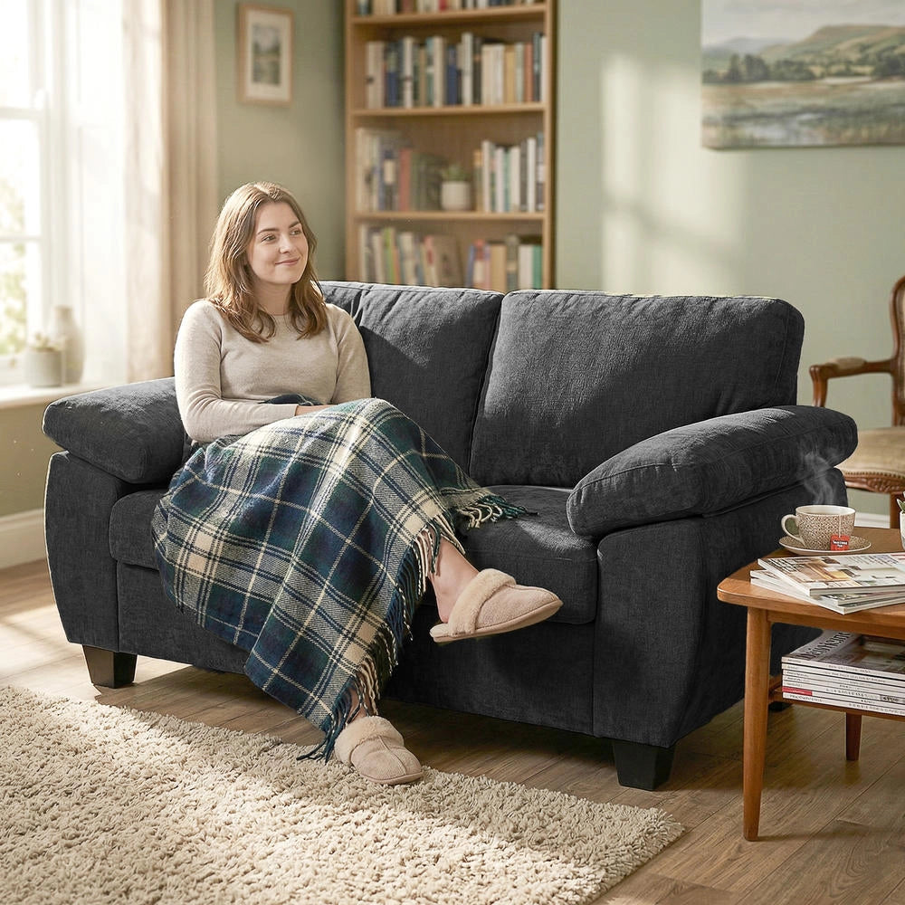 Divano a 2 Posti 156 cm in Ciniglia Grigio Scuro con Cuscini a Molle e Braccioli Imbottiti Design Moderno Compatto Portata 300 kg