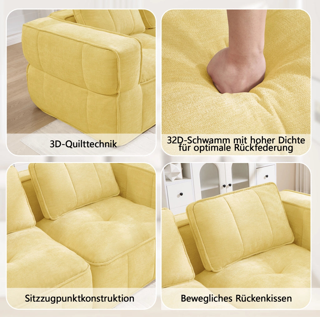 Divano modulare giallo a due posti con pouf in poliestere