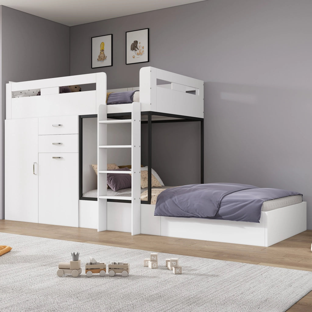 Letto a castello per bambini 90 × 200 cm con scrivania estraibile guardaroba cassetti ripiani MDF bianco e nero