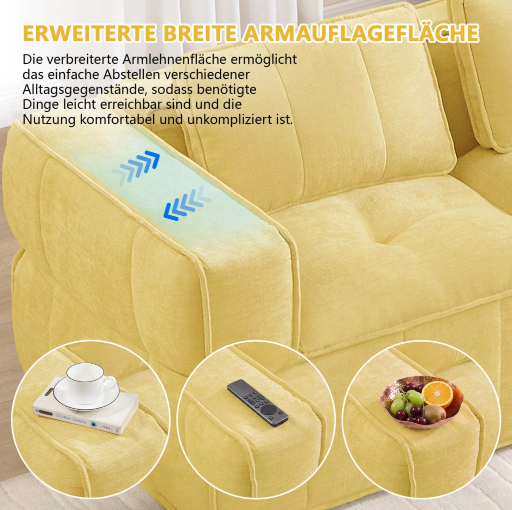 Divano modulare in poliestere giallo con pouf, 198 × 162 cm
