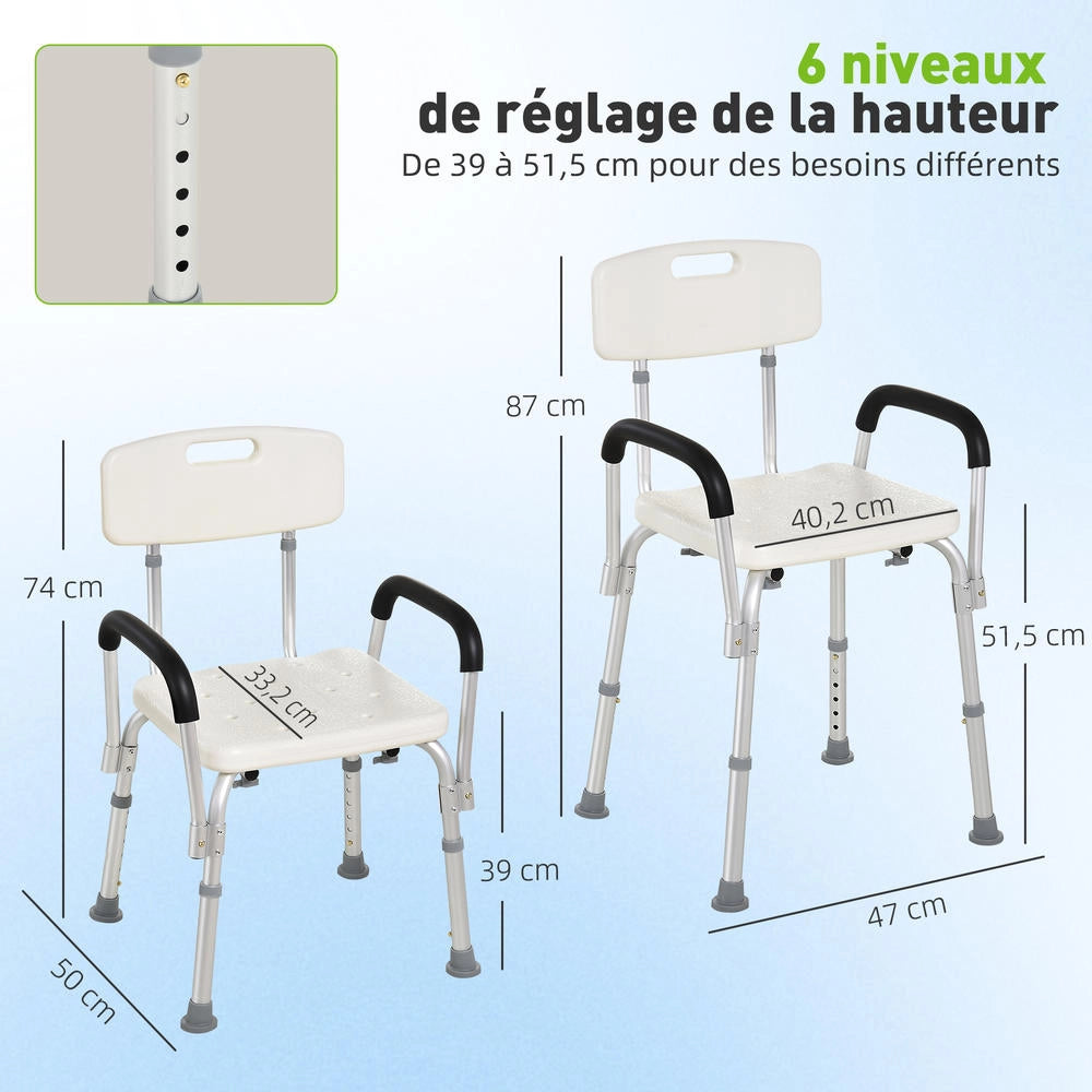 Sedia da Doccia Ergonomica Sedile da Bagno Regolabile con Braccioli e Schienale Rimovibili Piedini Antiscivolo Alluminio e HDPE Bianco Portata 136 kg