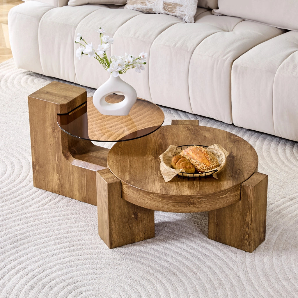 Set Tavolini da Salotto Rotondi Componibili Legno MDF e Vetro Marrone