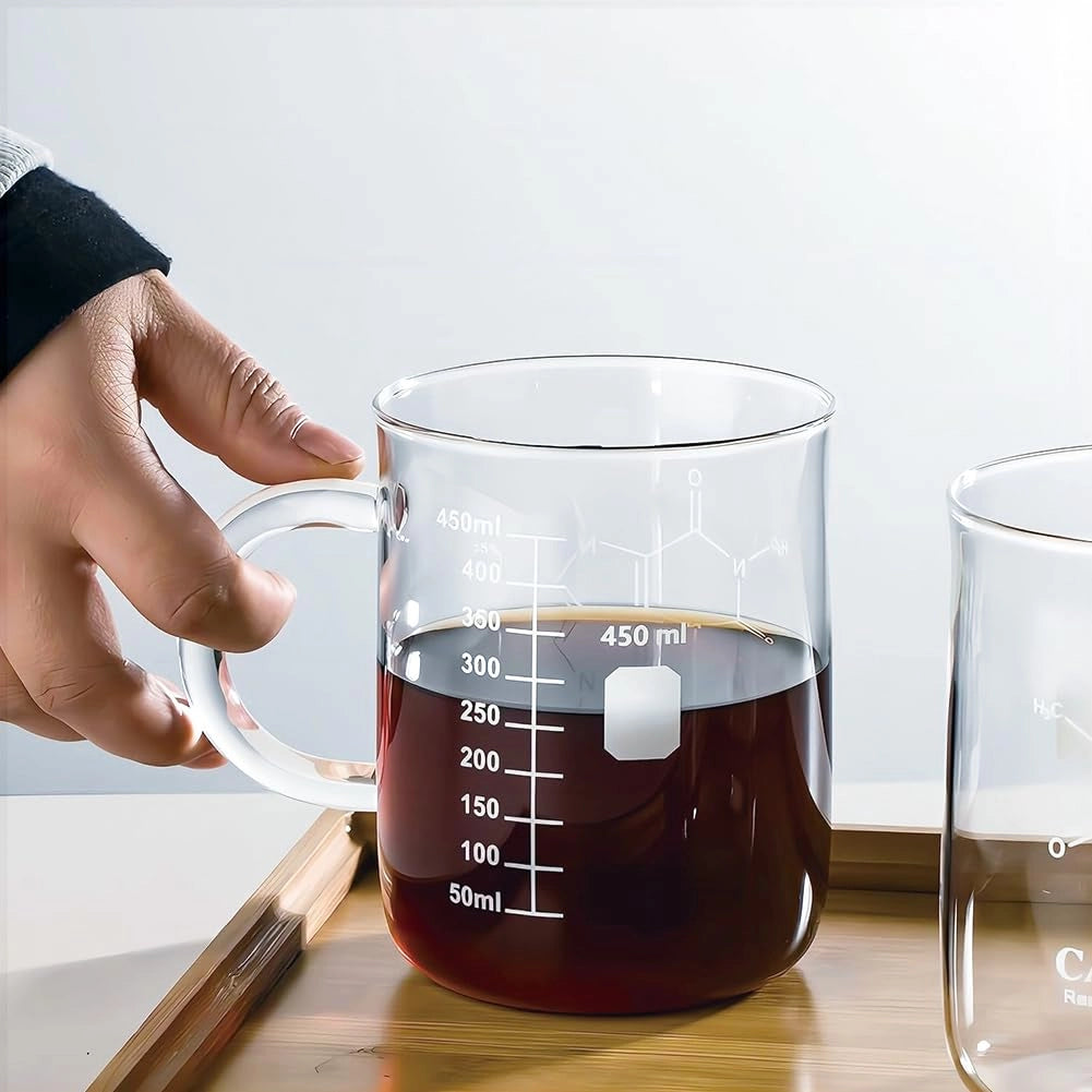 Tazza da laboratorio in vetro borosilicato con motivo a molecola di caffeina, 450 ml, con scala graduata e beccuccio, per moka, latte, cappuccino, acqua, succo