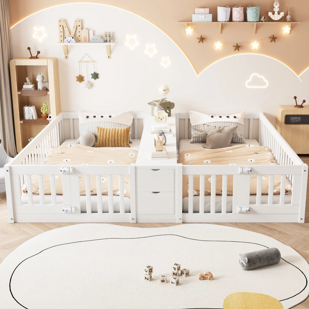 Letto a castello in legno 90x200 cm con cassetti e scaffali doppi, struttura robusta con sponde di sicurezza bianche per bambini