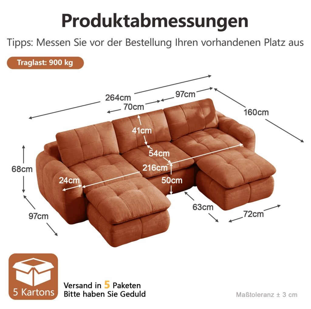 Divano modulare a U 264x160x68 cm in ciniglia arancione, 3 posti con 2 pouf