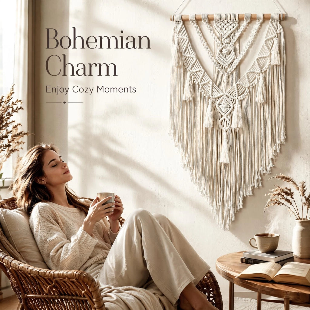 Tappeto da parete in macramè, stile bohémien, in cotone, 40x70 cm, color beige
