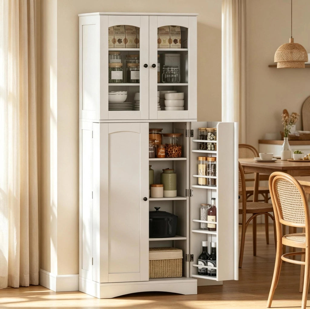 Mobile da cucina bianco con vetrine e ripiani regolabili, 60 × 40 × 162 cm