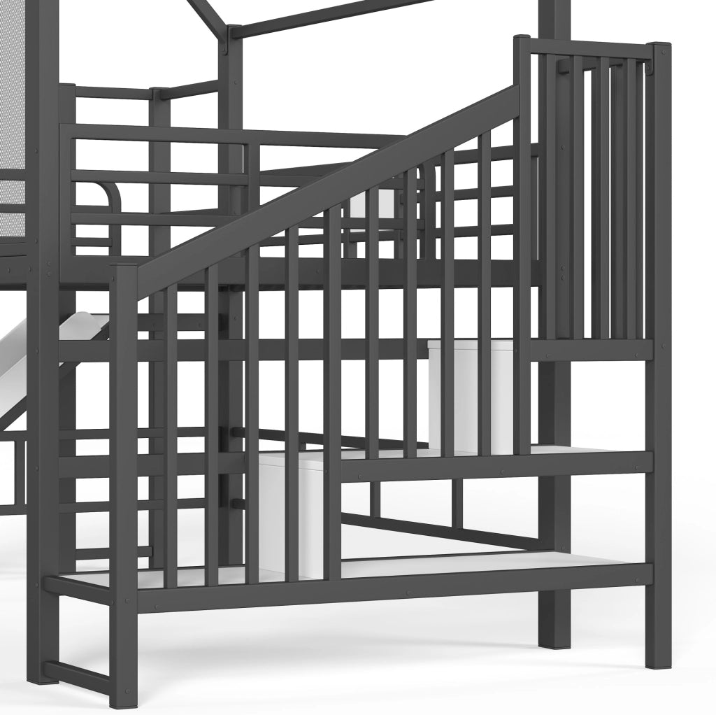 Letto a soppalco per bambini a casetta nero con scivolo e scala