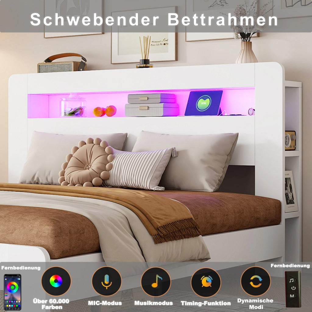 Letto matrimoniale a piattaforma 180 × 200 cm in legno bianco con testiera contenitore LED e prese integrate